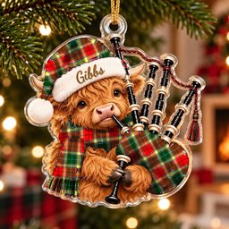 ScotsTee Shop Scottish Gibbs Tartan Highland Cow Bagpiper Christmas Ornament