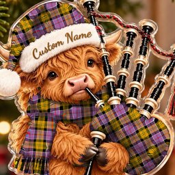 ScotsTee Shop Scottish Culloden Ancient Tartan Highland Cow Bagpiper Christmas Ornament