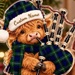 ScotsTee Shop Scottish Forbes Modern Tartan Highland Cow Bagpiper Christmas Ornament