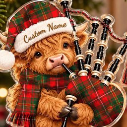 ScotsTee Shop Scottish Hay Modern Tartan Highland Cow Bagpiper Christmas Ornament