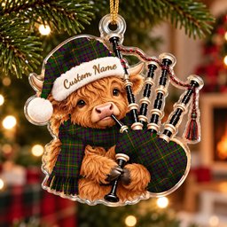 ScotsTee Shop Scottish Hall Tartan Highland Cow Bagpiper Christmas Ornament