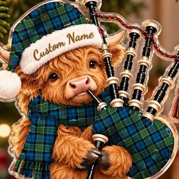 ScotsTee Shop Scottish Colquhoun Ancient Tartan Highland Cow Bagpiper Christmas Ornament
