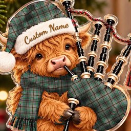 ScotsTee Shop Scottish Craig Tartan Highland Cow Bagpiper Christmas Ornament