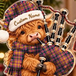 ScotsTee Shop Scottish Jacobite Tartan Highland Cow Bagpiper Christmas Ornament