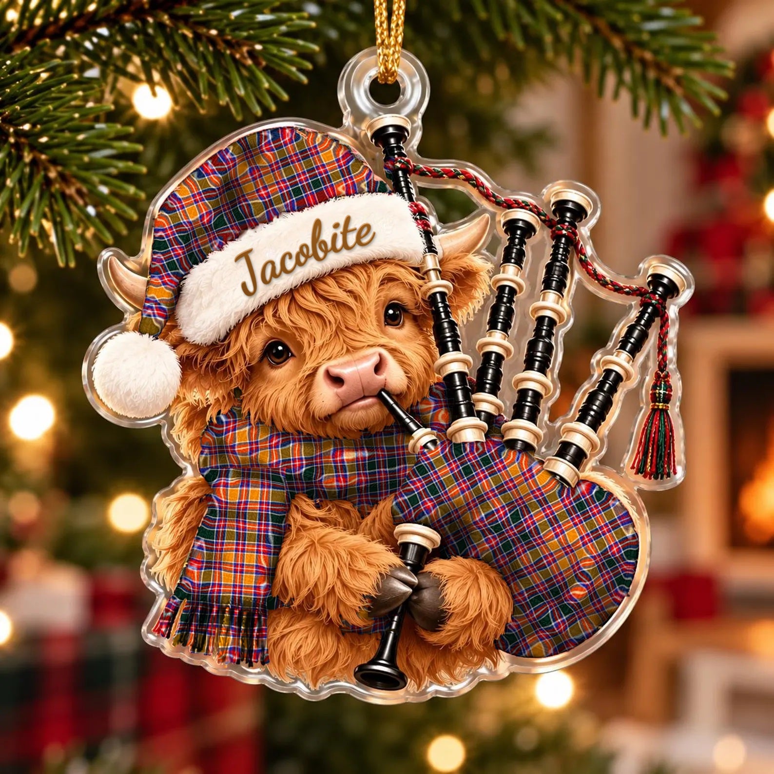 ScotsTee Shop Scottish Jacobite Tartan Highland Cow Bagpiper Christmas Ornament