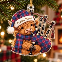 ScotsTee Shop Scottish Graham Of Menteith Red Tartan Highland Cow Bagpiper Christmas Ornament