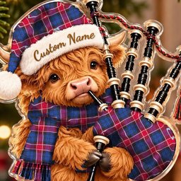 ScotsTee Shop Scottish Graham Of Menteith Red Tartan Highland Cow Bagpiper Christmas Ornament