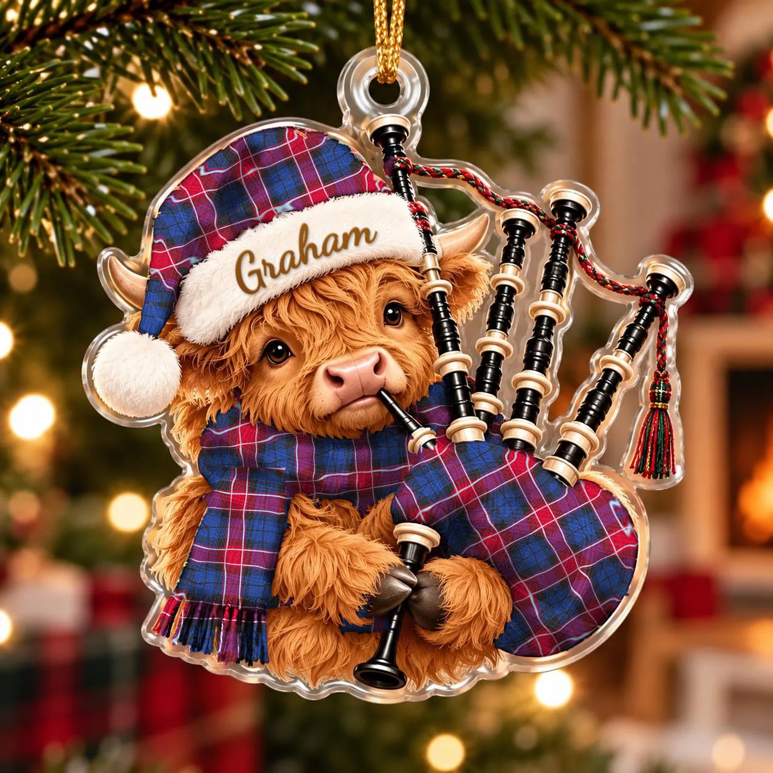 ScotsTee Shop Scottish Graham Of Menteith Red Tartan Highland Cow Bagpiper Christmas Ornament