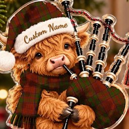 ScotsTee Shop Scottish Drummond Tartan Highland Cow Bagpiper Christmas Ornament