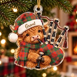 ScotsTee Shop Scottish Grant Ancient Tartan Highland Cow Bagpiper Christmas Ornament
