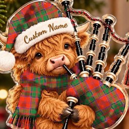 ScotsTee Shop Scottish Grant Ancient Tartan Highland Cow Bagpiper Christmas Ornament