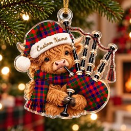 ScotsTee Shop Scottish Gow Modern Tartan Highland Cow Bagpiper Christmas Ornament