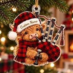 ScotsTee Shop Scottish Ettrick District Tartan Highland Cow Bagpiper Christmas Ornament