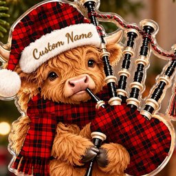 ScotsTee Shop Scottish Ettrick District Tartan Highland Cow Bagpiper Christmas Ornament