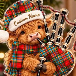ScotsTee Shop Scottish Chattan Tartan Highland Cow Bagpiper Christmas Ornament