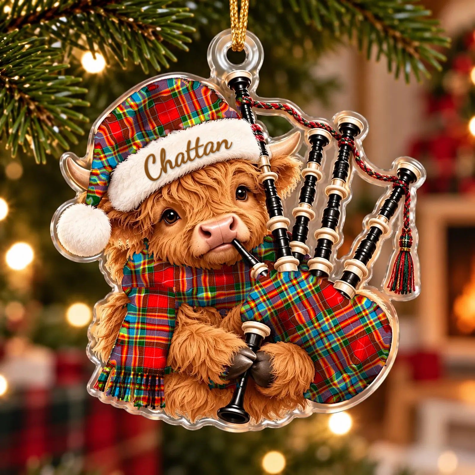ScotsTee Shop Scottish Chattan Tartan Highland Cow Bagpiper Christmas Ornament