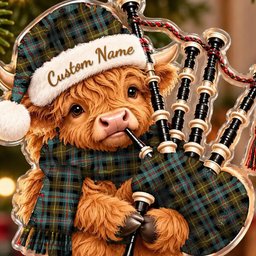 ScotsTee Shop Scottish Farquharson Weathered Tartan Highland Cow Bagpiper Christmas Ornament