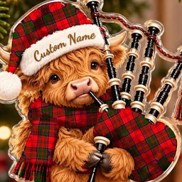 ScotsTee Shop Scottish Grant Modern Tartan Highland Cow Bagpiper Christmas Ornament