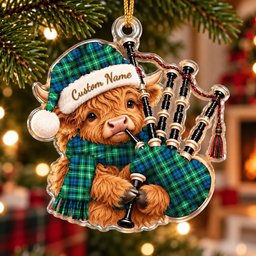 ScotsTee Shop Scottish Graham Of Montrose Ancient Tartan Highland Cow Bagpiper Christmas Ornament