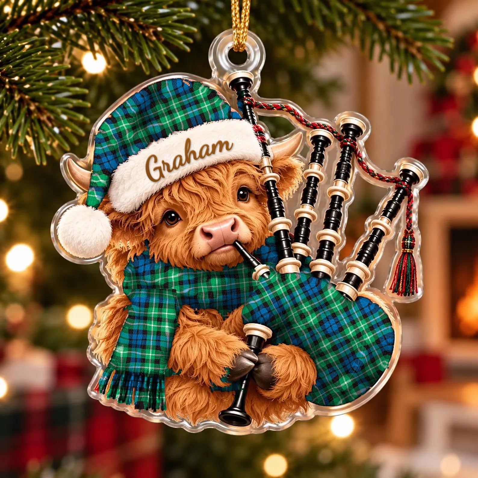 ScotsTee Shop Scottish Graham Of Montrose Ancient Tartan Highland Cow Bagpiper Christmas Ornament