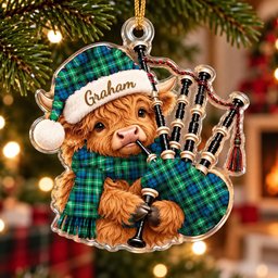 ScotsTee Shop Scottish Graham Of Montrose Ancient Tartan Highland Cow Bagpiper Christmas Ornament