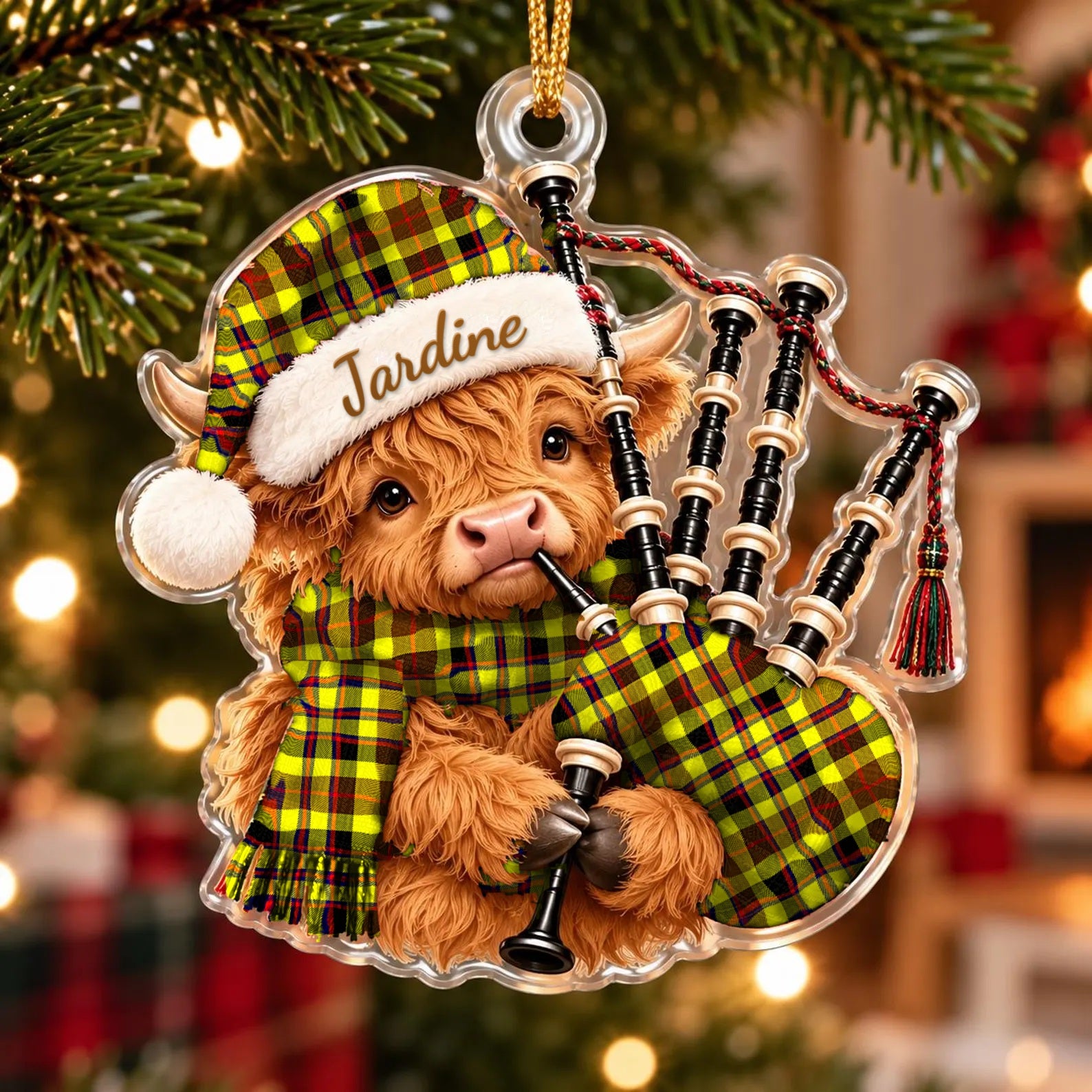 ScotsTee Shop Scottish Jardine Tartan Highland Cow Bagpiper Christmas Ornament