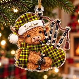 ScotsTee Shop Scottish Jardine Tartan Highland Cow Bagpiper Christmas Ornament