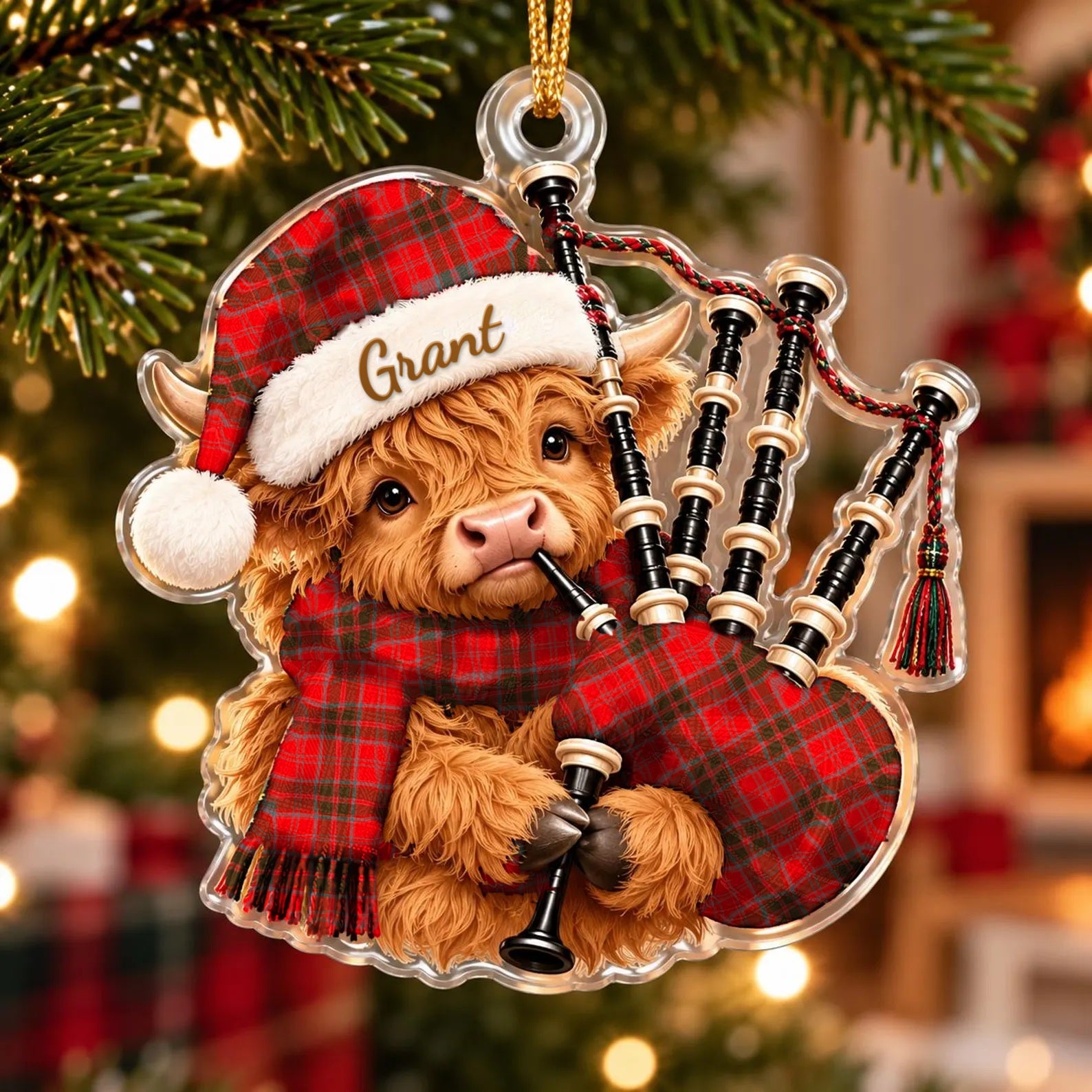 ScotsTee Shop Scottish Grant Weathered Tartan Highland Cow Bagpiper Christmas Ornament