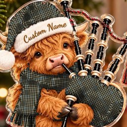 ScotsTee Shop Scottish Haig Check Tartan Highland Cow Bagpiper Christmas Ornament