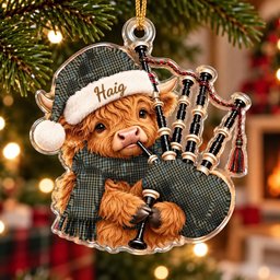 ScotsTee Shop Scottish Haig Check Tartan Highland Cow Bagpiper Christmas Ornament