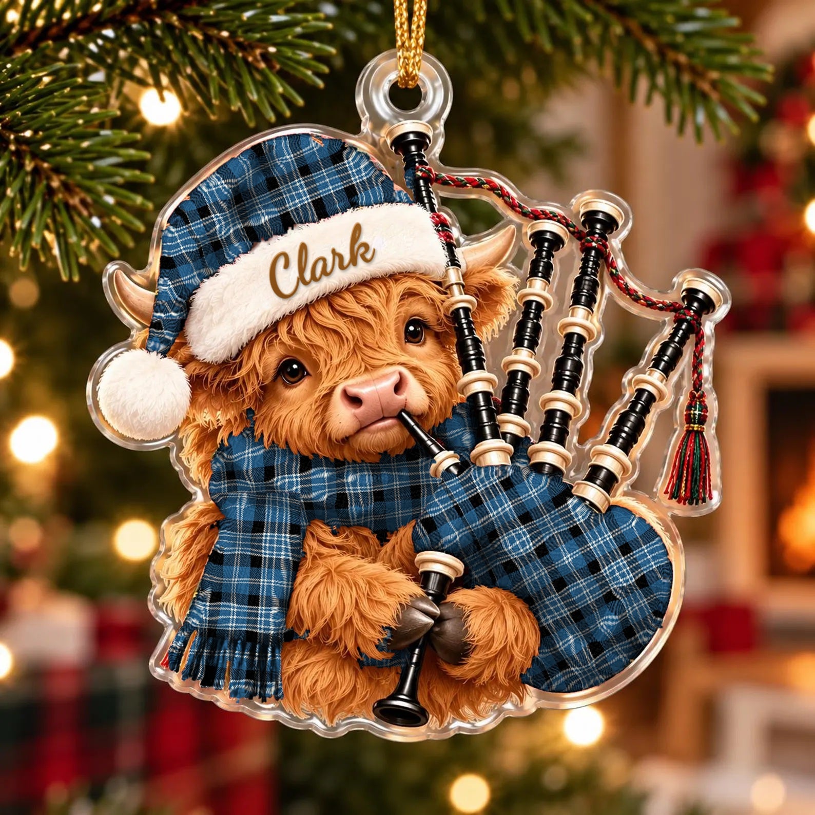 ScotsTee Shop Scottish Clark Ancient Tartan Highland Cow Bagpiper Christmas Ornament