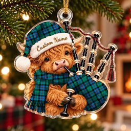 ScotsTee Shop Scottish Campbell Of Cawdor Ancient Tartan Highland Cow Bagpiper Christmas Ornament