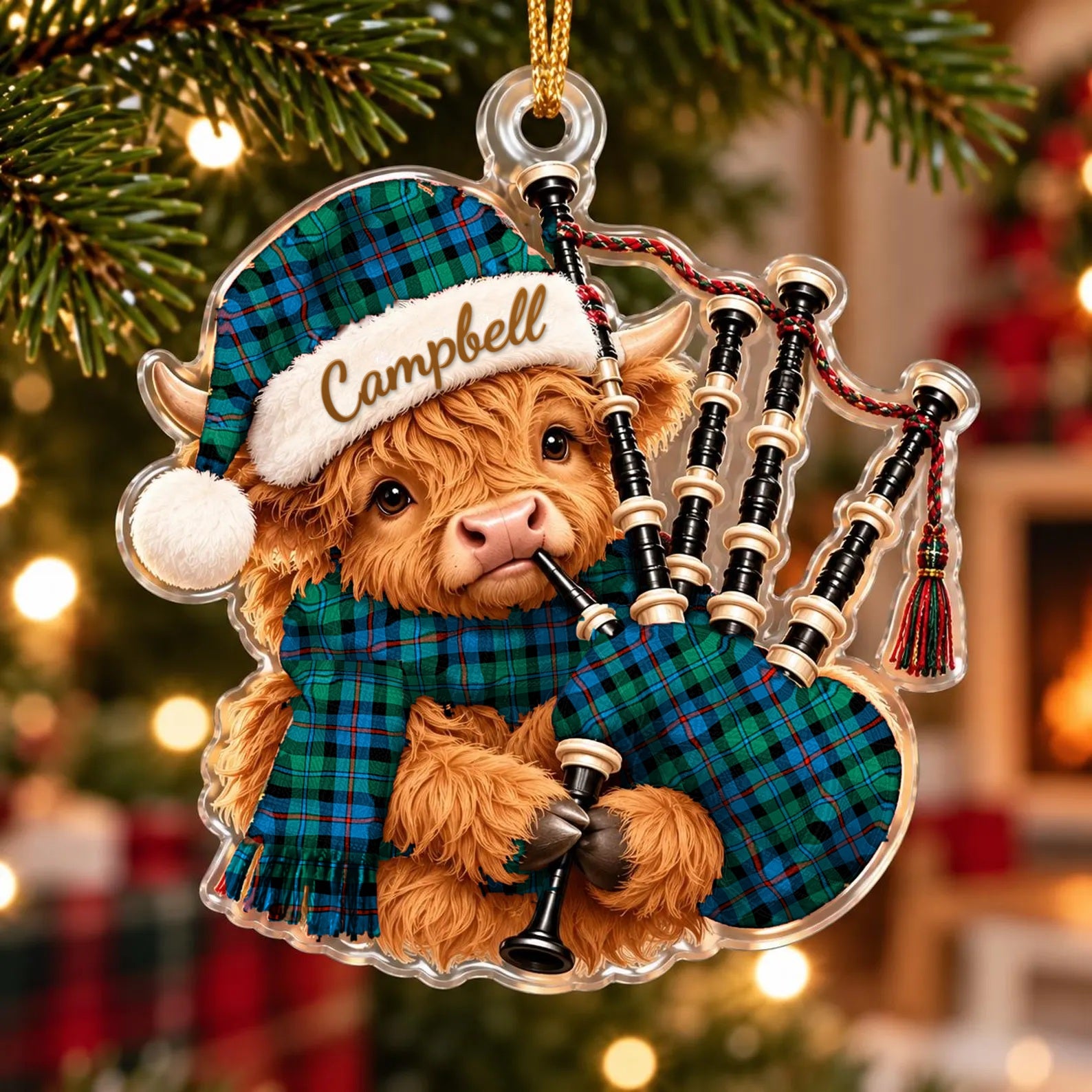 ScotsTee Shop Scottish Campbell Of Cawdor Ancient Tartan Highland Cow Bagpiper Christmas Ornament