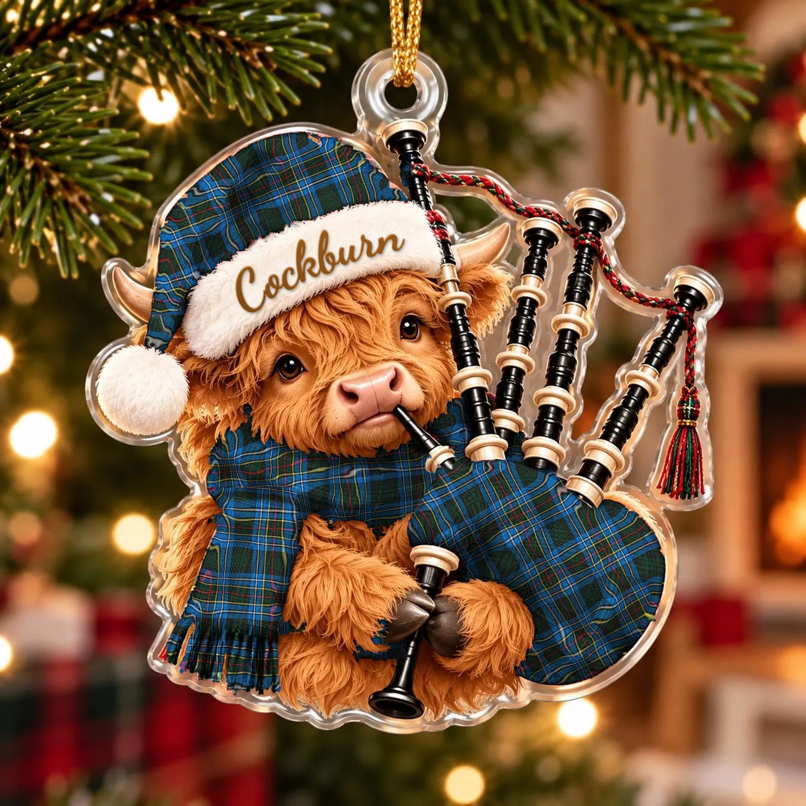 ScotsTee Shop Scottish Cockburn Modern Tartan Highland Cow Bagpiper Christmas Ornament
