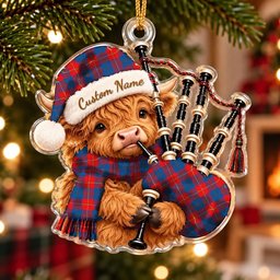 ScotsTee Shop Scottish Galloway Red Tartan Highland Cow Bagpiper Christmas Ornament