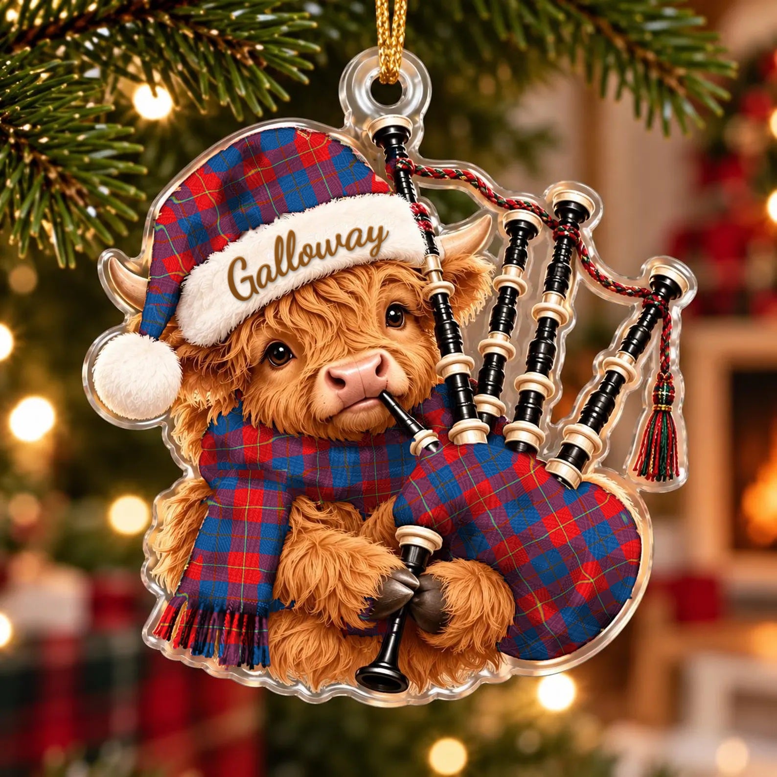 ScotsTee Shop Scottish Galloway Red Tartan Highland Cow Bagpiper Christmas Ornament