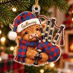 ScotsTee Shop Scottish Galloway Red Tartan Highland Cow Bagpiper Christmas Ornament