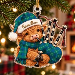 ScotsTee Shop Scottish Hamilton Hunting Ancient Tartan Highland Cow Bagpiper Christmas Ornament