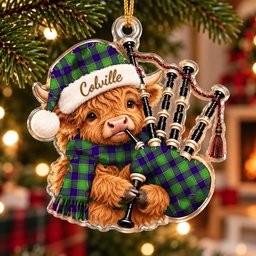 ScotsTee Shop Scottish Colville Tartan Highland Cow Bagpiper Christmas Ornament