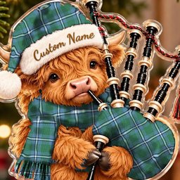 ScotsTee Shop Scottish Irvine Tartan Highland Cow Bagpiper Christmas Ornament