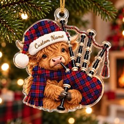 ScotsTee Shop Scottish Haldane 1 Tartan Highland Cow Bagpiper Christmas Ornament