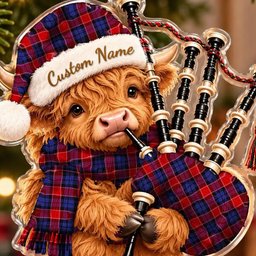 ScotsTee Shop Scottish Haldane 1 Tartan Highland Cow Bagpiper Christmas Ornament
