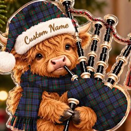 ScotsTee Shop Scottish Fletcher Of Dunans Tartan Highland Cow Bagpiper Christmas Ornament
