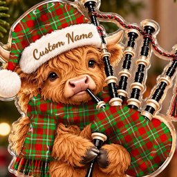 ScotsTee Shop Scottish Grierson Tartan Highland Cow Bagpiper Christmas Ornament