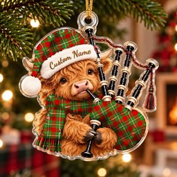 ScotsTee Shop Scottish Grierson Tartan Highland Cow Bagpiper Christmas Ornament