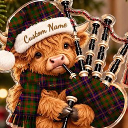 ScotsTee Shop Scottish Cochrane Modern Tartan Highland Cow Bagpiper Christmas Ornament