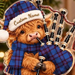 ScotsTee Shop Scottish Elliot Modern Tartan Highland Cow Bagpiper Christmas Ornament
