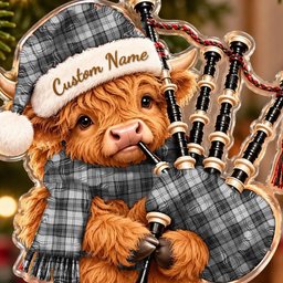 ScotsTee Shop Scottish Douglas Grey Modern Tartan Highland Cow Bagpiper Christmas Ornament
