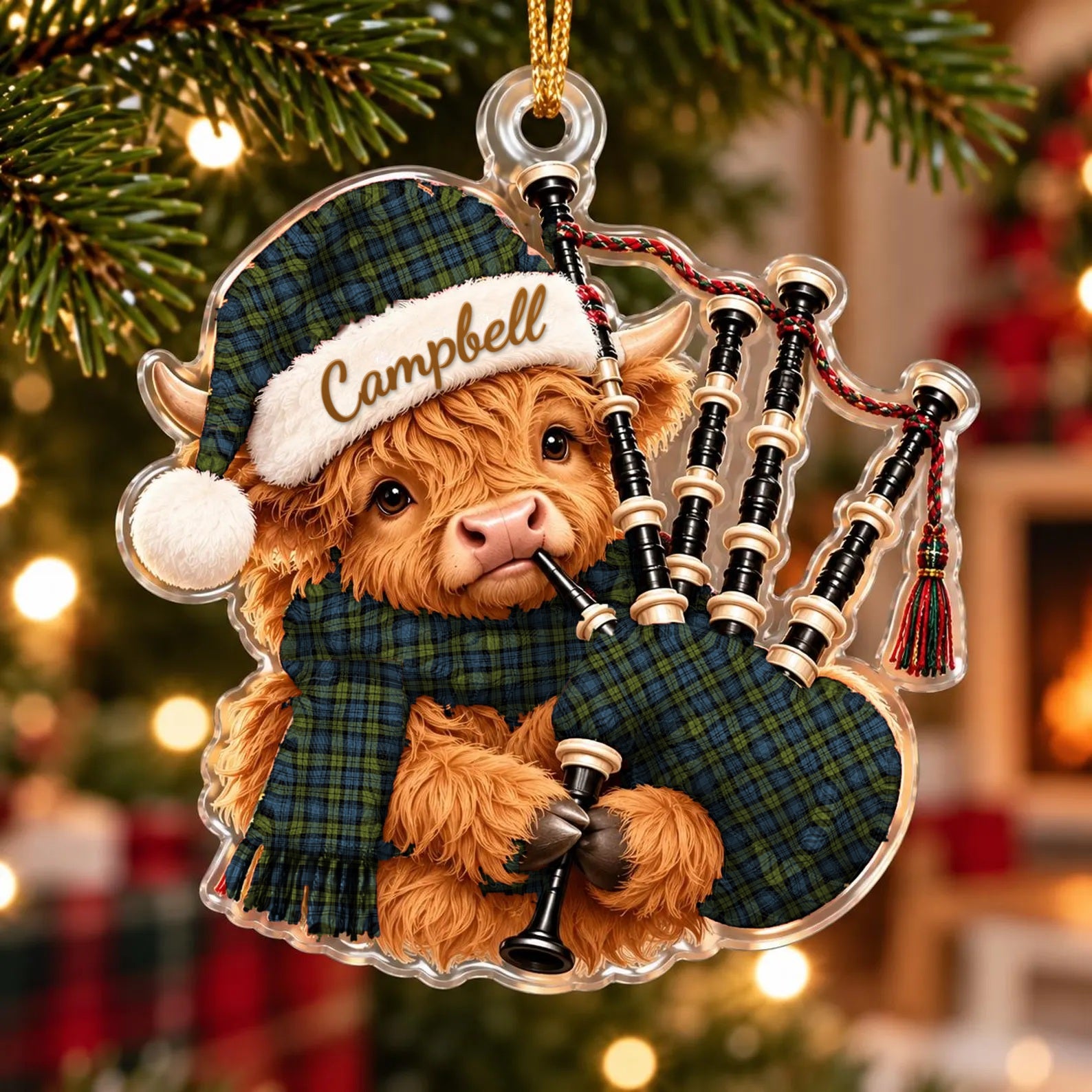 ScotsTee Shop Scottish Campbell Tartan Highland Cow Bagpiper Christmas Ornament