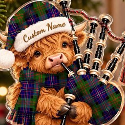 ScotsTee Shop Scottish Chalmer Tartan Highland Cow Bagpiper Christmas Ornament